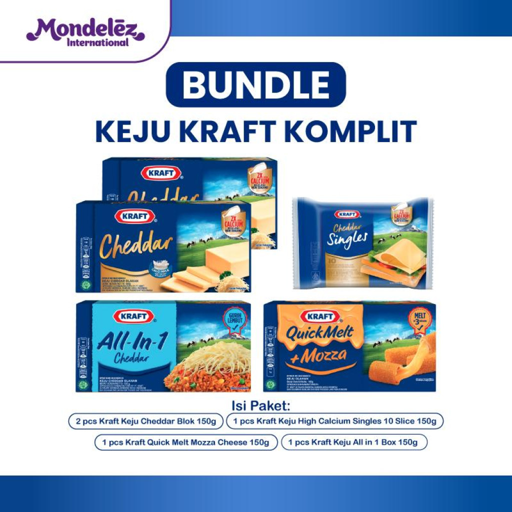 

[BUNDLE KRAFT KOMPLIT] Paket Cheddar 150gr, All In One 150gr, Singles 10 Slice 150gr - Keju asli dari susu New Zealand