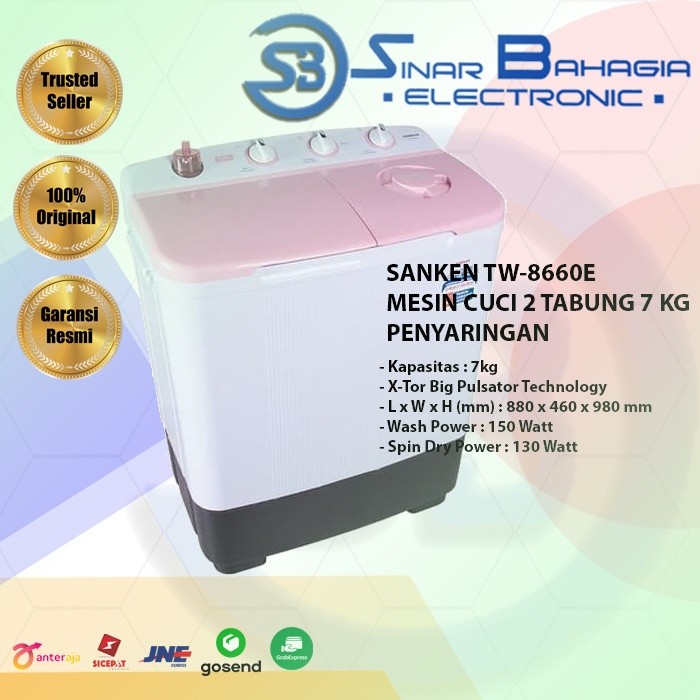 SANKEN TW-8660E MESIN CUCI 2 TABUNG 7 KG + PENYARINGAN (KHUSUS BANDUNG)
