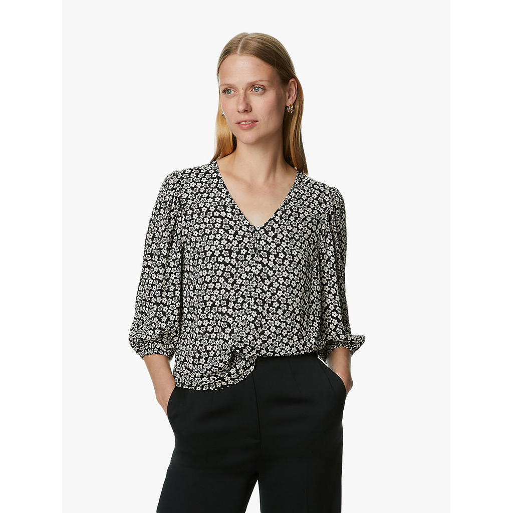 M&S - Blouse Wanita - Floral V-Neck Button Detail Blouse