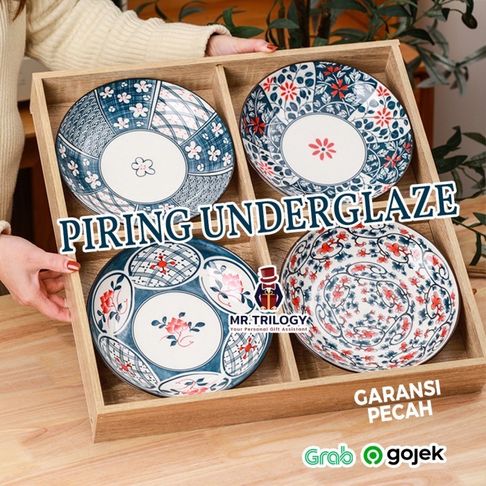 PIRING KERAMIK MOTIF BUNGA UNDERGLAZE JEPANG KOREA PERALATAN MAKAN