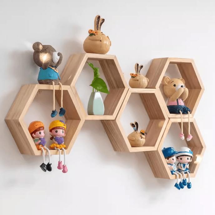 RAK DINDING HEXAGONAL HIASAN DINDING AESTHETIC RAK HEXAGONAL KAYU JATI PAJANGAN HIASAN DINDING GANTU