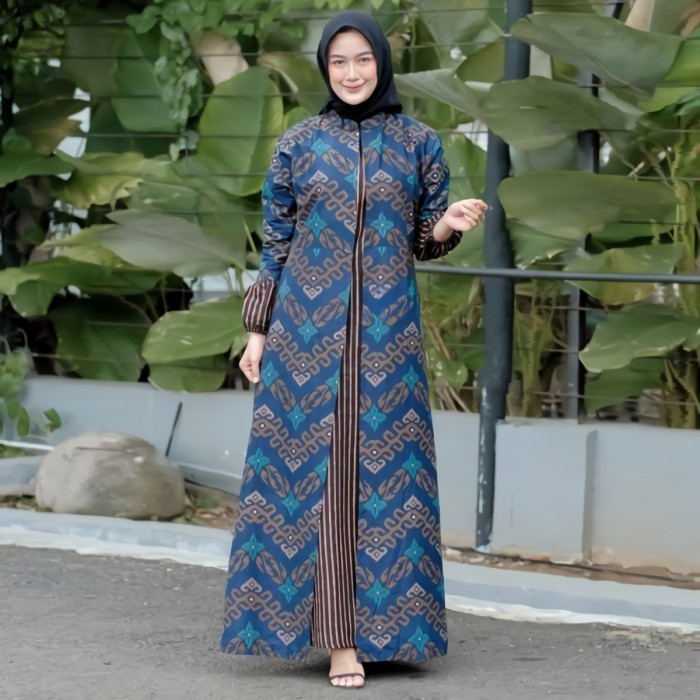 BAYAR DITEMPAT Baju Gamis Batik Wanita Terbaru Kombinasi Polos Jumbo Modern Dewasa - SONGKET NAVY, M