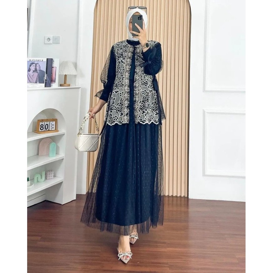 ORIGINAL Gamis Wanita Velvet Tile Brokat Azurra Dress Kondangan Model Terbaru - Black