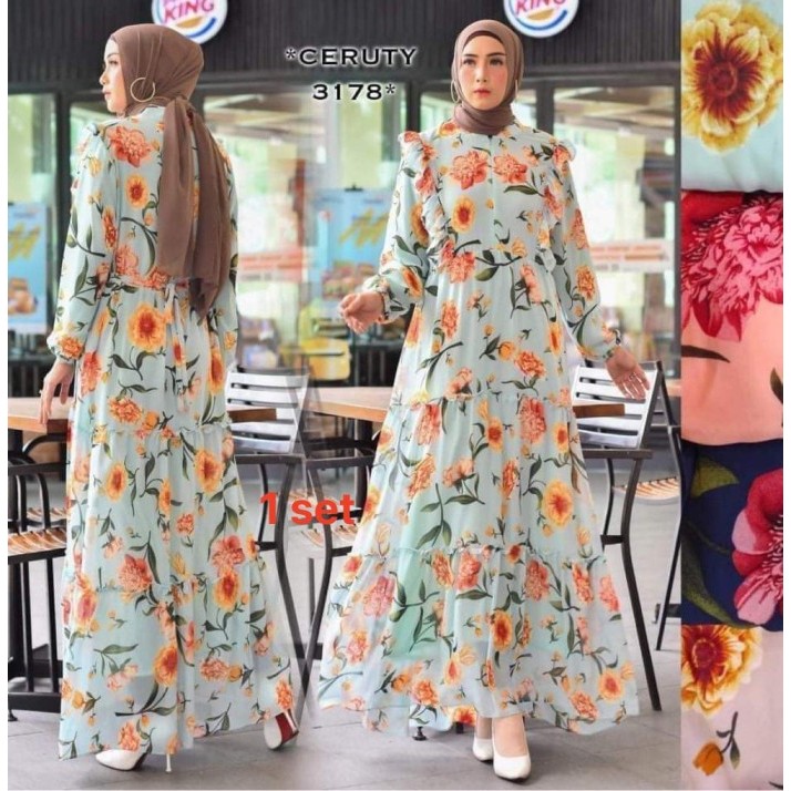 Gamis GAMIS WANITA BAHAN CERUTY MOTIF BUNGA MATAHARI terbaru premium kekinian elegan mewah putih