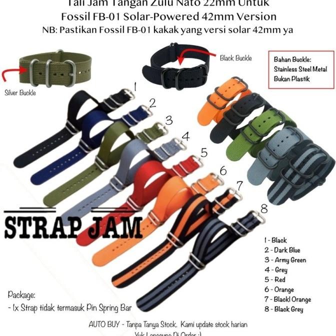 Zulu Nato 22mm Strap Fossil FB-01 Solar-Powered 42mm - Tali Jam Nilon