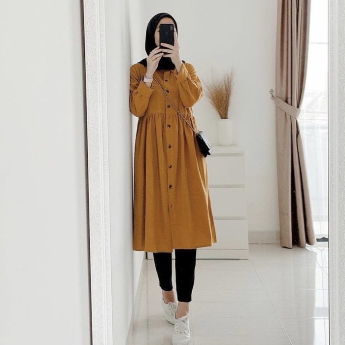 Bisa COD tunik wanita kancing depan kekinian All size 110cm.kancing hidup - mustard, all size
