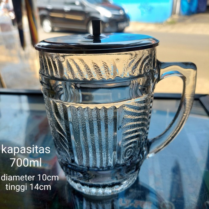MUG KACA BESAR/GELAS GAGANG BESAR (DIJUAL 1 SET SAMA TUTUP STAINLISS)