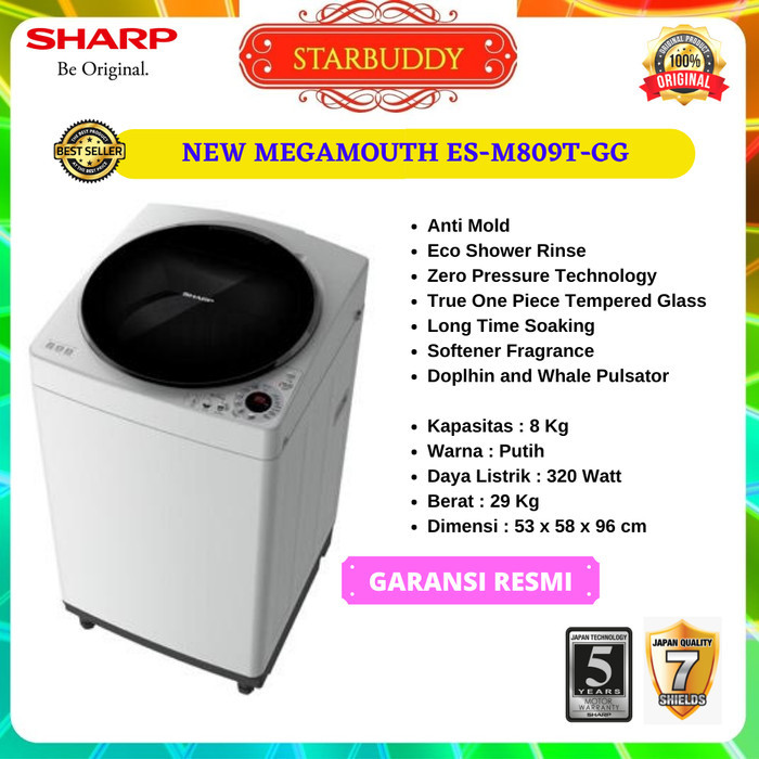 MESIN CUCI 1 TABUNG SHARP ES-M809T-GG KAPS 8 KG - JABODETABEK