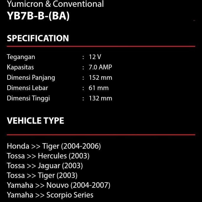 Aki Accu Basah Yuasa YB7B B/GM7B 4B Motor Honda Tiger 2000, Tiger Revo