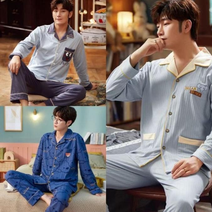 Setelan Piyama Baju Tidur Pria Import Lengan Panjang Katun Korea RDN