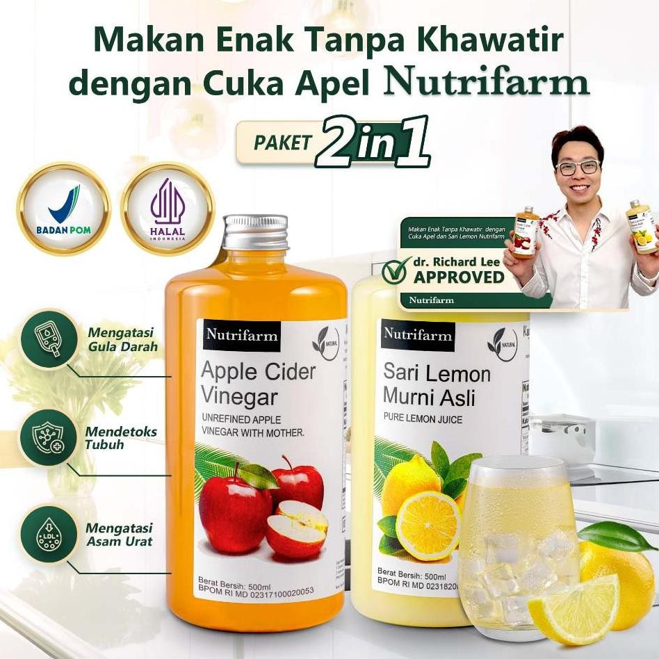 

Cuka Apel Sari Lemon Paket 2 In 1 Organik 500Ml / Cider Vinegar / Cuka Sari Apel / Bragg Nutrifarm