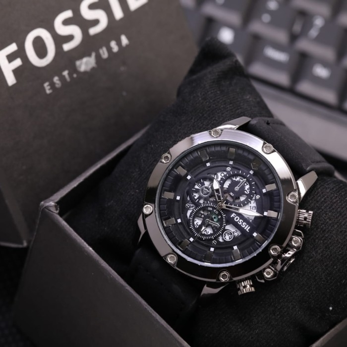 Free Ongkir OBRAL JAM TANGAN PRIA FASHION FOSSIL F022A-L TALI KULIT TANGGAL AKTIF - Hitam