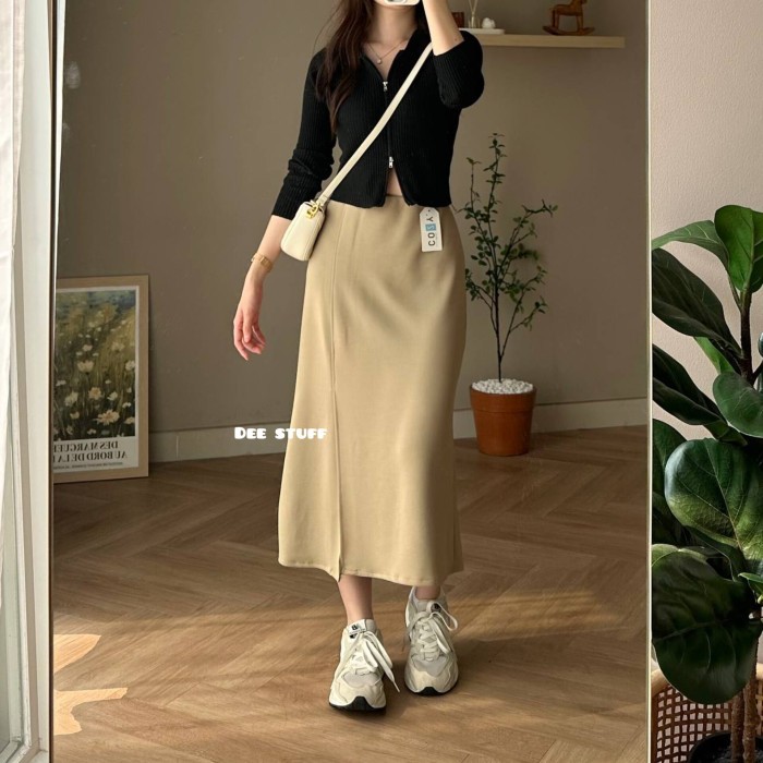 [BISA KIRIM LANGSUNG ] Yoon Skirt 590 - Rok Midi Slit Anti Kusut - Korean Loose Skirt Wanita - Sage 