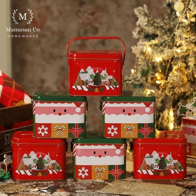 ><><><] Christmas Gift Box Tin Cookies Square with Handle | Kotak kaleng natal