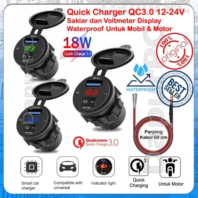 Quick Charger QC3.0 12-24V Saklar dan Voltmeter Waterproof Mobil Motor