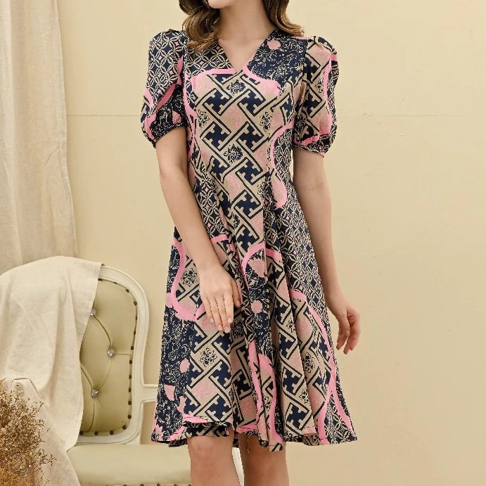 Lellay - Midi Dress Classic Navy Pink Puffy Sleeve Batik Cheongsam Modern Elegant Premium