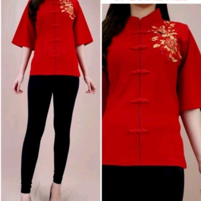 Lellay - Atasan Blouse Cheongsam Qipao Wanita Elegant Red Blossom Gold Nn