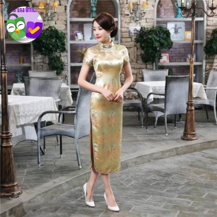 Lellay - Qipao Long Dress Dragon Phoenix Gold Size Jumbo