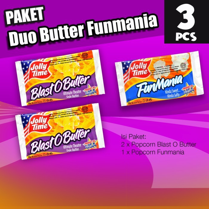 

Paket Duo Butter FunMania (2BOB, 1FM) - Jolly Time Microwave Popcorn
