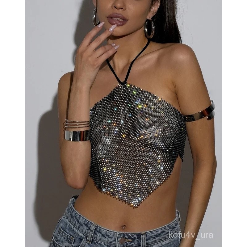 Mesh See Through Halter Tank Top Sexy Shiny Crop Top with Rhinestone Party Night Club Y2k Tops T-Shi
