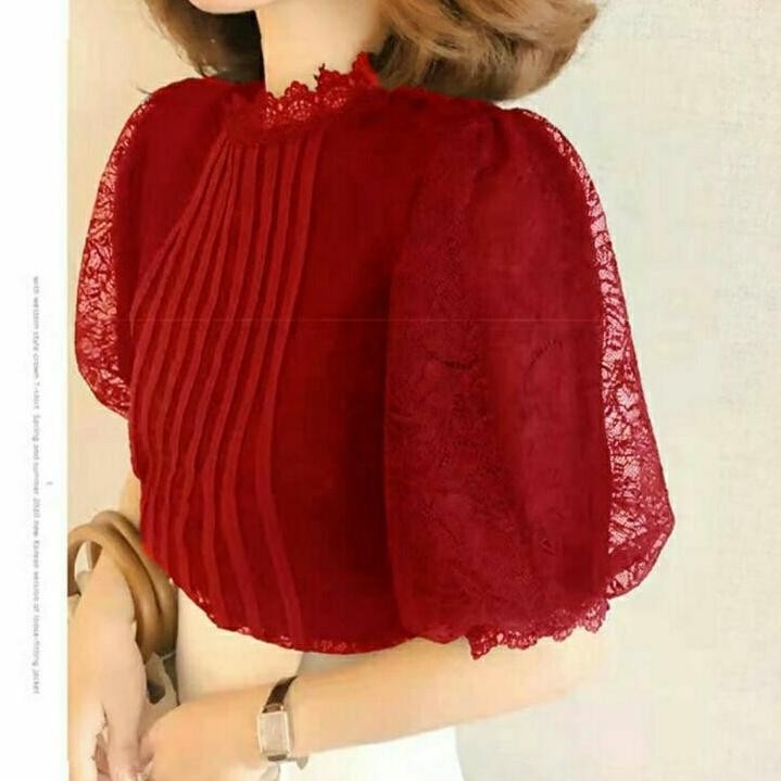 BVF 0223 CNY Baju atasan blouse lace puff sleeve lengan baloon pendek merah putih wanita import baju