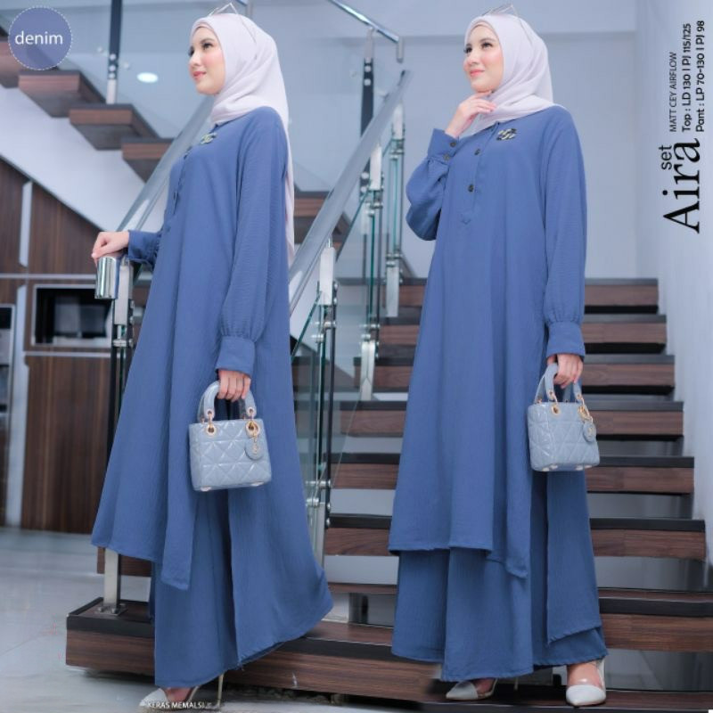 Baju Gamis Abaya Muslim Aira Setelan Wanita Jumbo LD 130 Long Tunik Celana Kulot Fashion Oneset