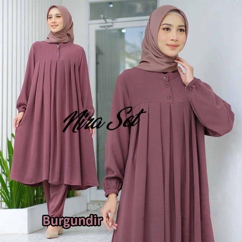 Baju Gamis Abaya Muslim BISA COD NIRA SETCEL SIZE M L XL XXL JUMBO SETELAN WANITA BAHAN CRINGKLE
