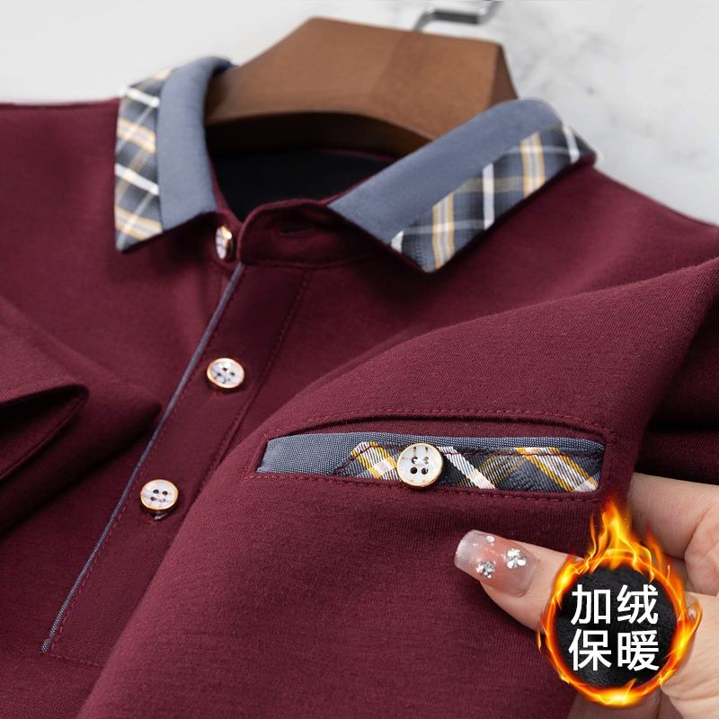 Kaos Pria Longgar Lengan Panjang Tebal T Kaus Jahitan Kotak-kotak POLO Kemeja