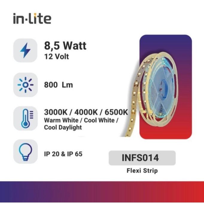 Inlite Lampu Led Strip Infs014 Ip20 Ip65 3528 8.5W 12V 5M 60Led Original Terlaris