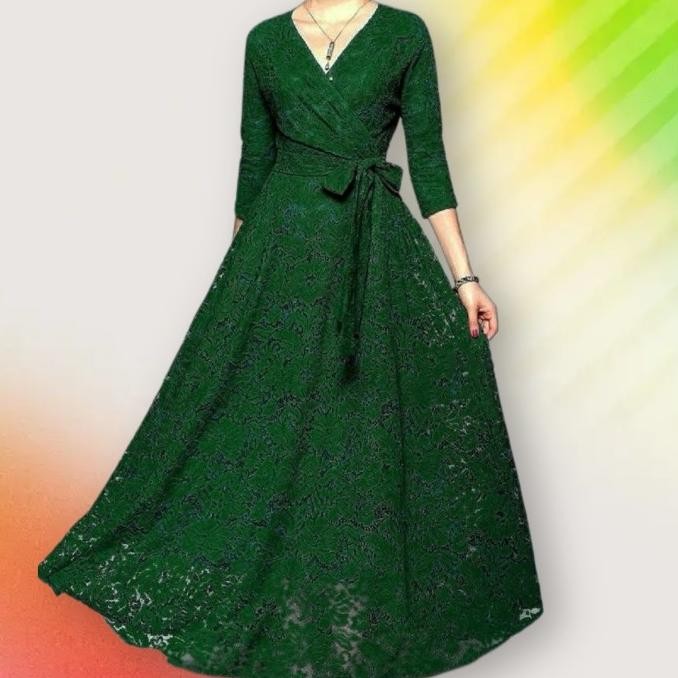 Gamis hana dress hijau botol Baju pesta brukat jumbo murah ich at GAM