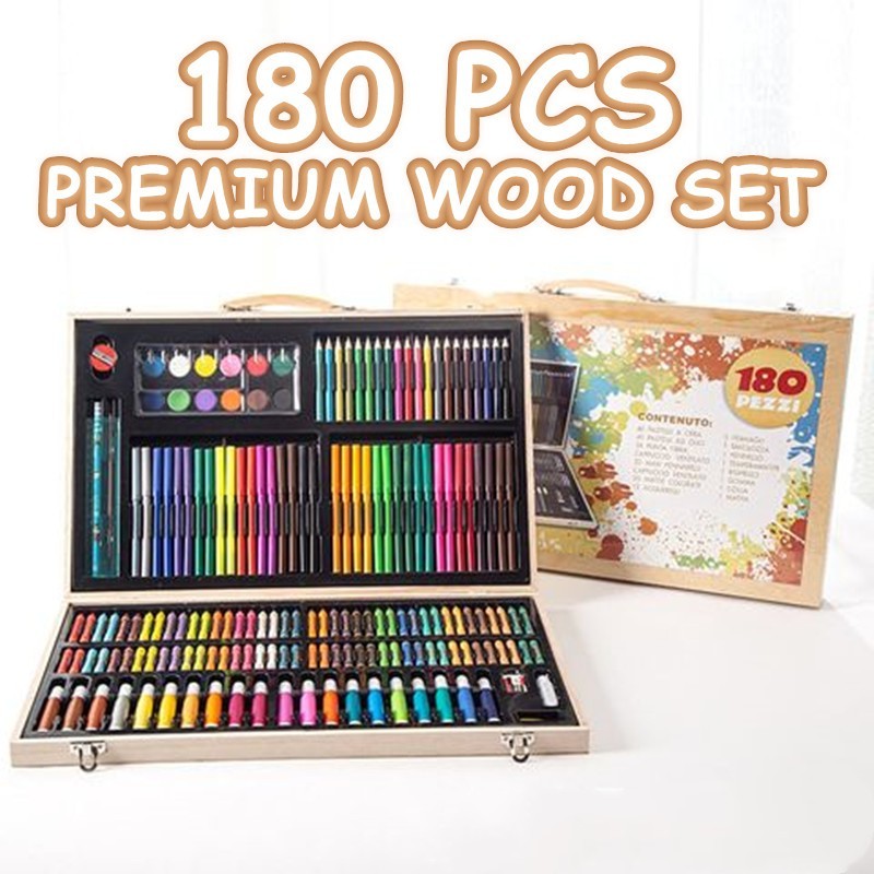 

180 pcs Casing Kayu Premium Set Seni Gambar Anak-anak Lukisan dengan Kotak Pena Pensil Warna Krayon Spidol |v5fndNMB|