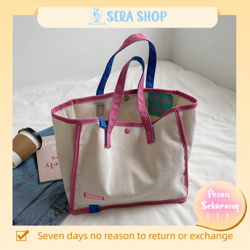 Ready fashion tas canvas besar tas ungu tas korea tas warnaSera bag tas kanvas kontras warna musim