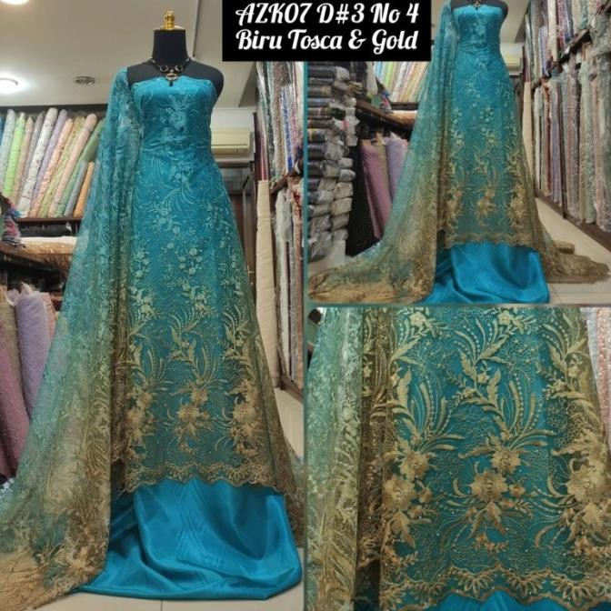 yang dicari] Kain Tile Brokat Swaro Gradasi Ombre AZK07 D#3 No 4 Biru Tosca & Gold