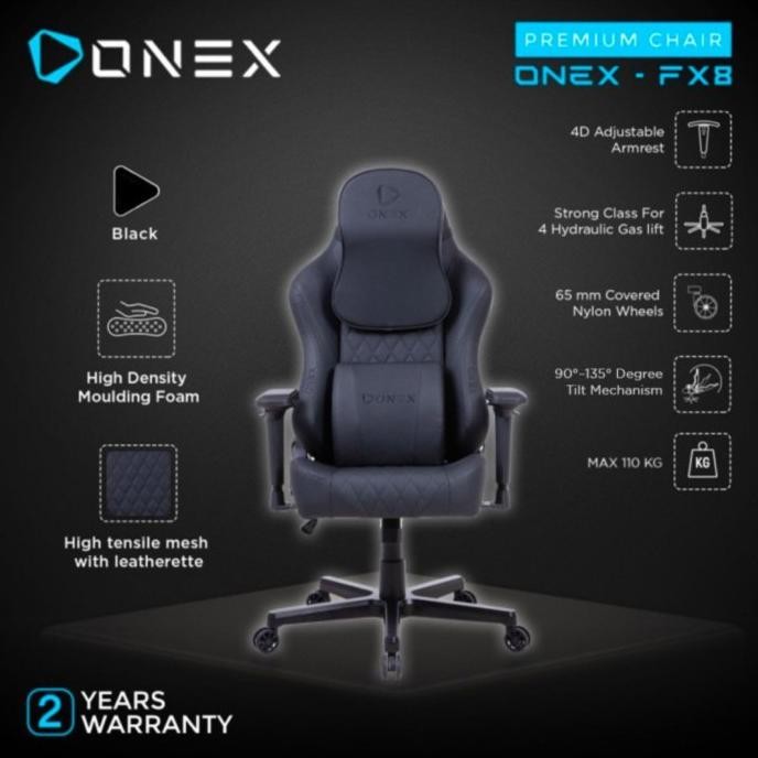 

TERSEDIA ONEX FX8 KURSI GAMING PREMIUM QUALITY GAME CHAIR , ERGONOMIC DESIGN FOR GAMER, HIGH DENSITY MOULDING FOAM, ADJUSTABLE BACKREST, MAXIMUM CAPACITY 110 KG