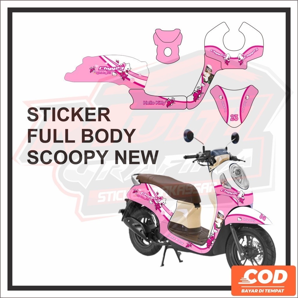 Stiker Honda Scoopy 2020 Full Body Stiker Decal Scopy 2021 Motif hello kitty Warna pink multi stiker