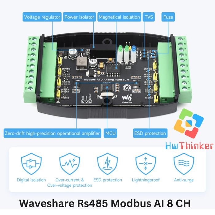 Waveshare Modbus RTU RS485 8 CH Analog Input 8AI Isolated Current 0-20mA 4-20mA  DIN RAIL Industrial