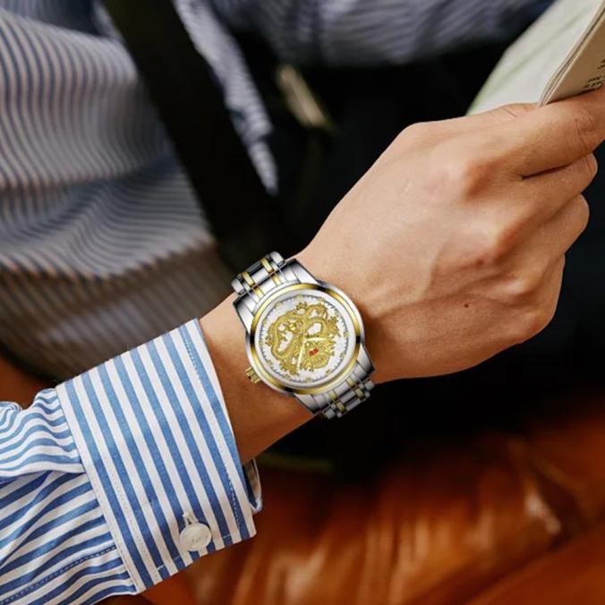 Sunlifex Jam Tangan Pria Stainless Steel Quartz Original Dragon Gold