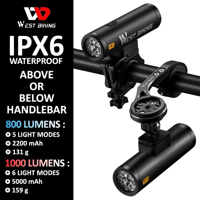 

West Biking Flood Light 1000 LUMENS USB Recharge Bike Head Light IPX6