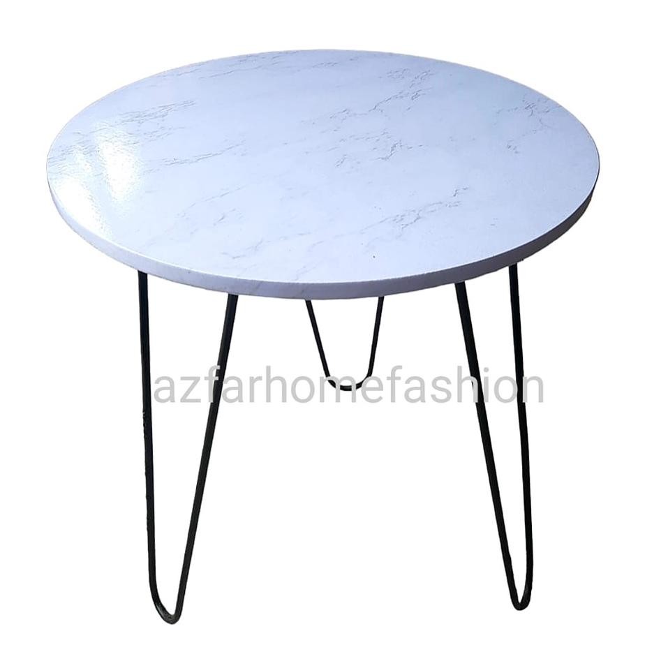 meja bulat minimalis ruang tamu,meja bulat sudut,meja teras motif marmer KAKI BESI HITAM