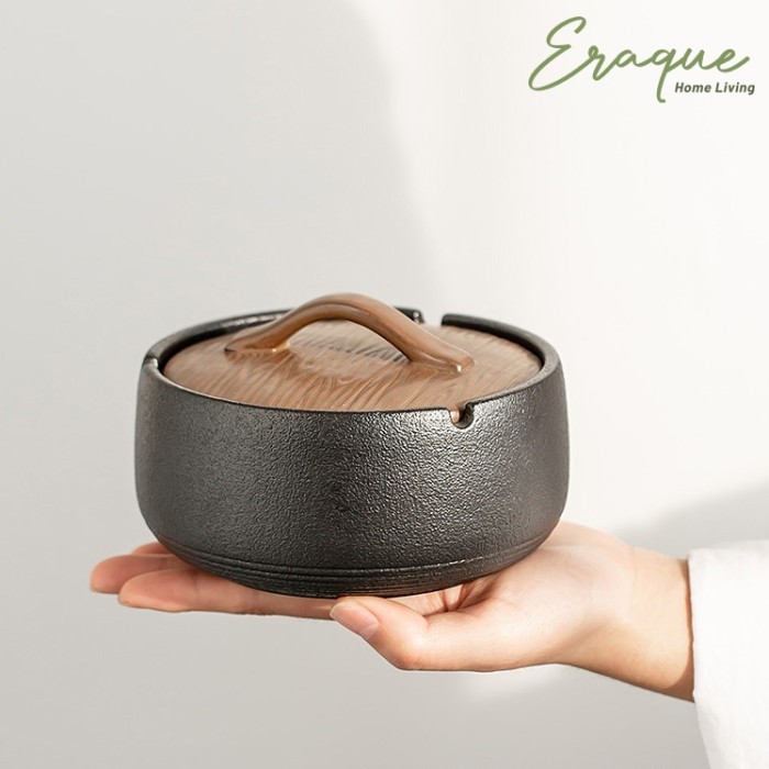 Dobu Ashtray / Asbak Tempat Abu Rokok Keramik Jepang Dengan Tutup Kayu Big Promo