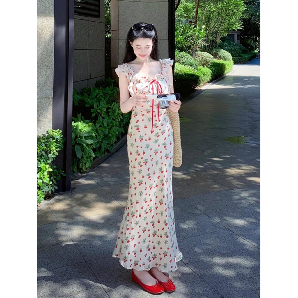 [Cream Winnie]Rok panjang renda motif ceri ramping seksi, gaun pinggang tinggi temperamen wanita