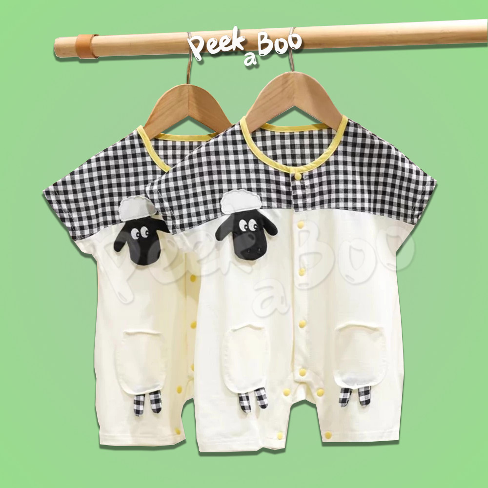 Peek A Boo - Jumper Impor Bayi Anak Laki Laki Perempuan Lengan Pendek 0-12 Bulan Motif Kotak Binatan