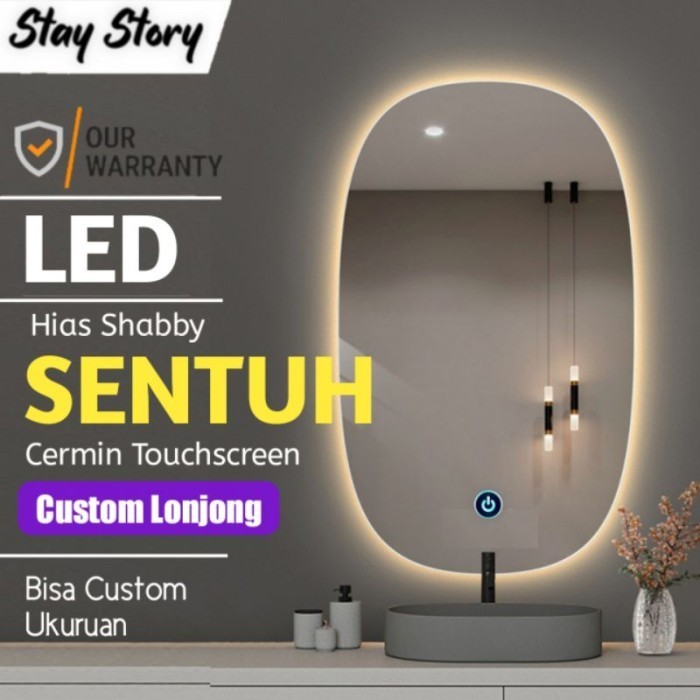 Cermin Led Touch screen Dinding Wastafel Kamar Mandi Kaca Rias Lonjong