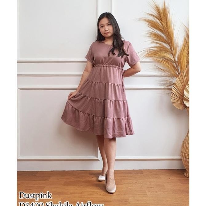 JH Dress Midi Lengan Pendek Casual Ruffle Babydoll Pinggang Serut D3400