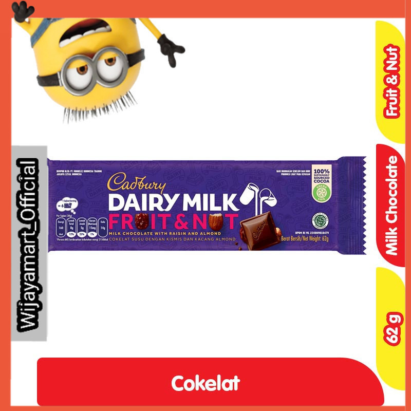 

Cadbury Dairy Milk Cokelat Batang Fruit & Nut 62 g