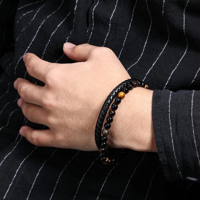 Readyyy Gelang Pria Kulit Rajut Batu Alam Volcano Tiger Eye - Gelang Pria Hitam Batu Alam