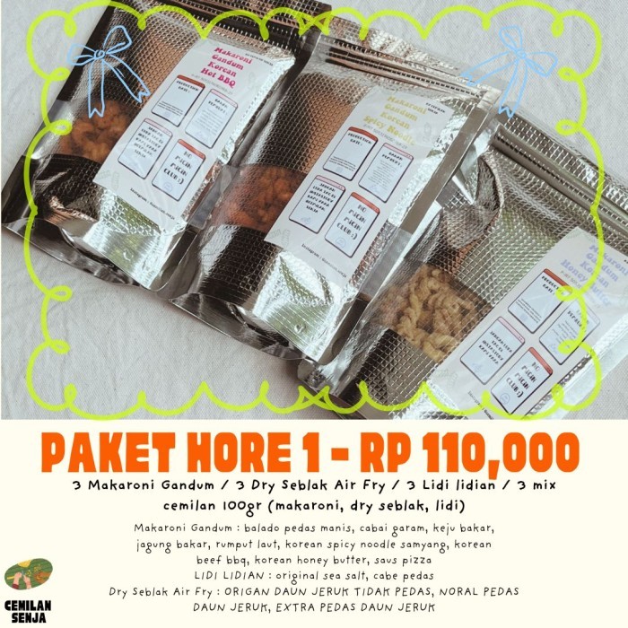 

PAKET HORE 1 - ( 3 PAX ) CEMILAN 100GR CEMILAN SENJA (JAN-FEB PROMO)