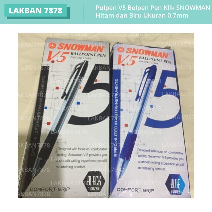 

12Pcs Pulpen V5 Bolpen Pen Klik Snowman (Hitam Biru) 0.7Mm