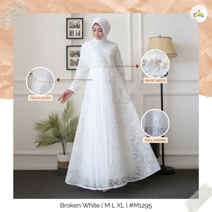 Modesee Gamis Putih Polos Brukat Mewah Aksen Payet Wanita Muslim Lyra