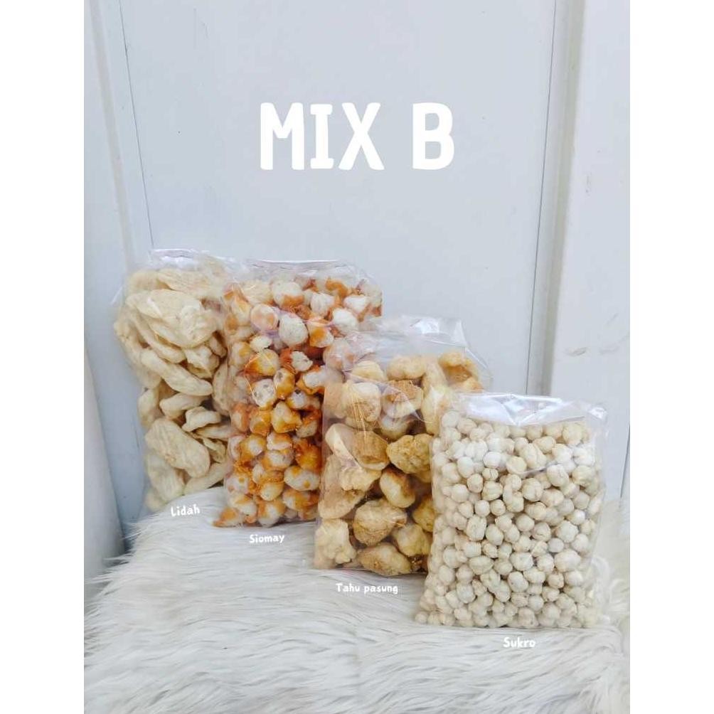 

PAKET HEMAT MIX - B ( 50 pcs tahu pasung, 50 pcs cuanki lidah, 1/2kg siomay mini, 250 gr sukro )
